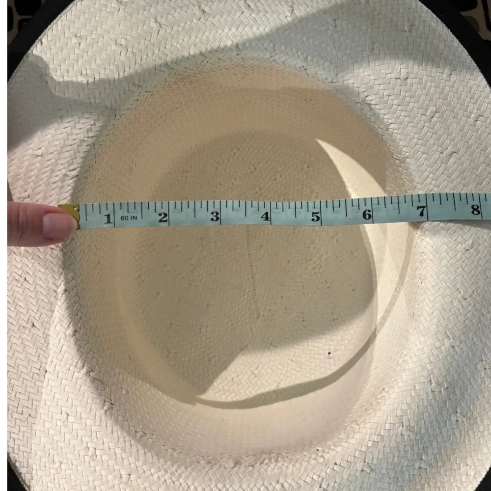 Vintage Cream Straw Boater Hat Black Ribbon Flower Wide Brim Sun Hat Tie Strap